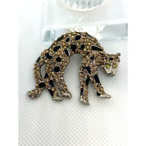 Vintage Leopard Brooch Pin Gold Rhinestone encrusted  & Enamel Detailing